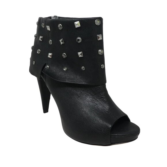 Vince Camuto Aviator Black Leather Studded Cuffed Peep Toe Heeled Ankle Boots - Picture 1 of 13